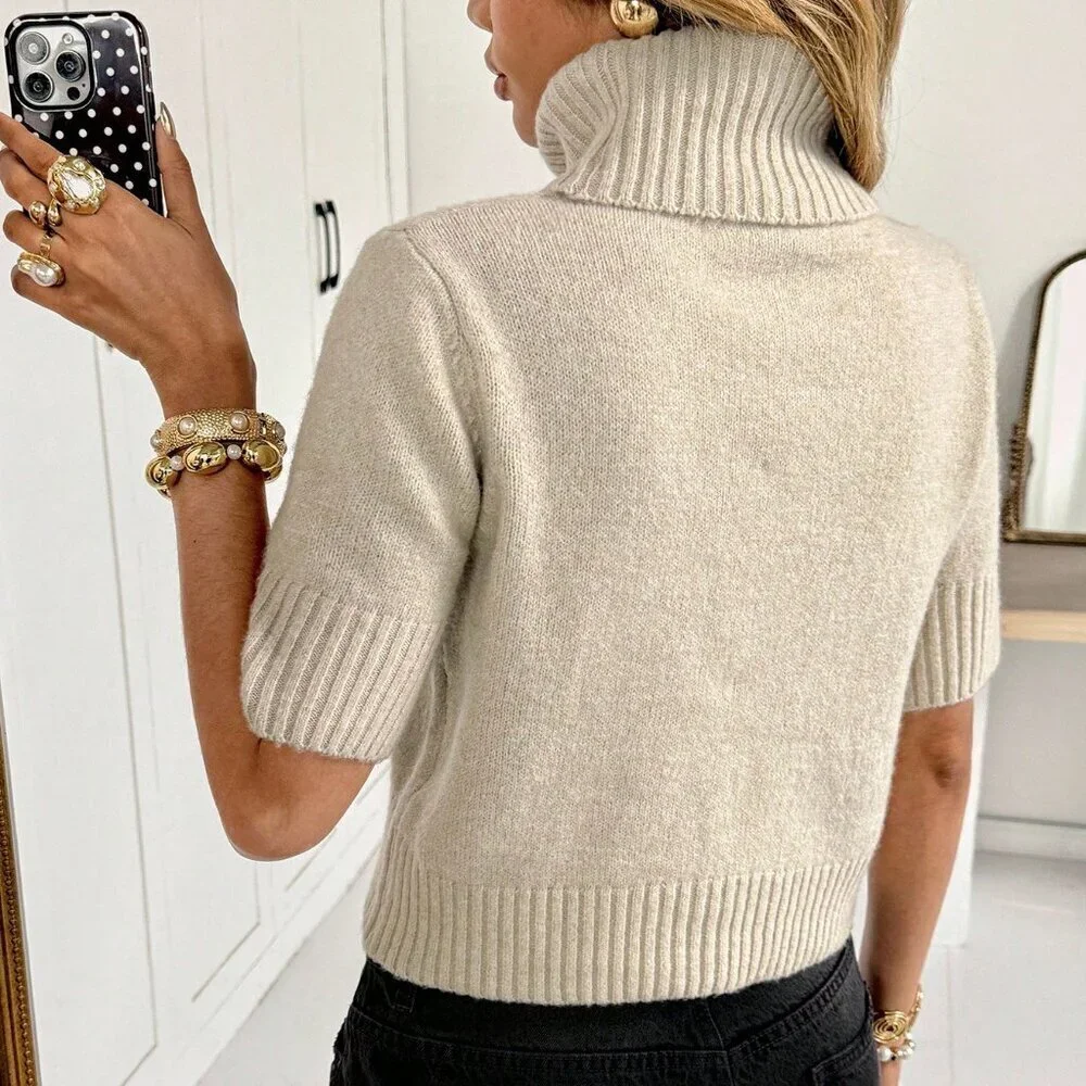 Apricot Preppy Women's Turtleneck Short Sleeve Knit Sweater